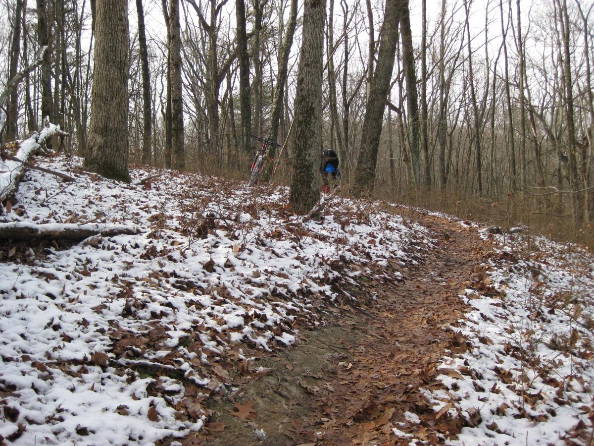 A narrow dirt path winds through a winter forest, with a light dusting of snow covering the ground and scattered dry leaves. A person wearing a blue jacket can be seen in the background, walking along the trail. Tall bare trees surround the path, creating a natural, serene atmosphere. A bicycle is propped against a tree on the right side of the image. Raccoon Mountain Trail Network mountain bike trail.