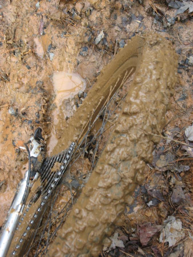 A close-up view of a muddy bicycle tire resting in wet, muddy terrain, showing thick mud accumulation and debris on the tire and surroundings. The image captures the ruggedness of off-road biking conditions. Jake to Bull Mountain Connecter mountain bike trail.