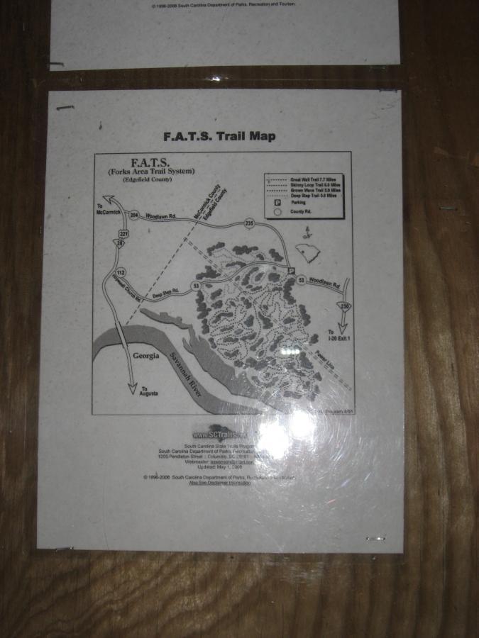 Map of the Forks Area Trail System (F.A.T.S.) in Edgefield County, showing various trails, including distances and access points, alongside the Savannah River and connecting roads. Forks Area Trail System (FATS) mountain bike trail.