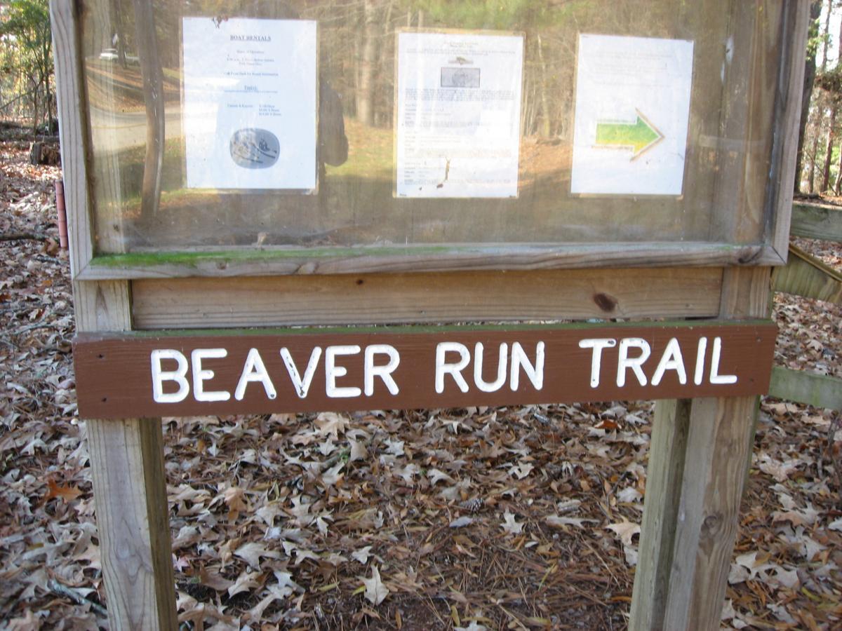 A weathered wooden sign for "Beaver Run Trail" mounted on a post, with informational sheets displayed behind a clear protective panel. The surrounding area has fallen leaves and wooded scenery. An arrow pointing to the right suggests the direction of the trail. Hickory Knob State Park mountain bike trail.