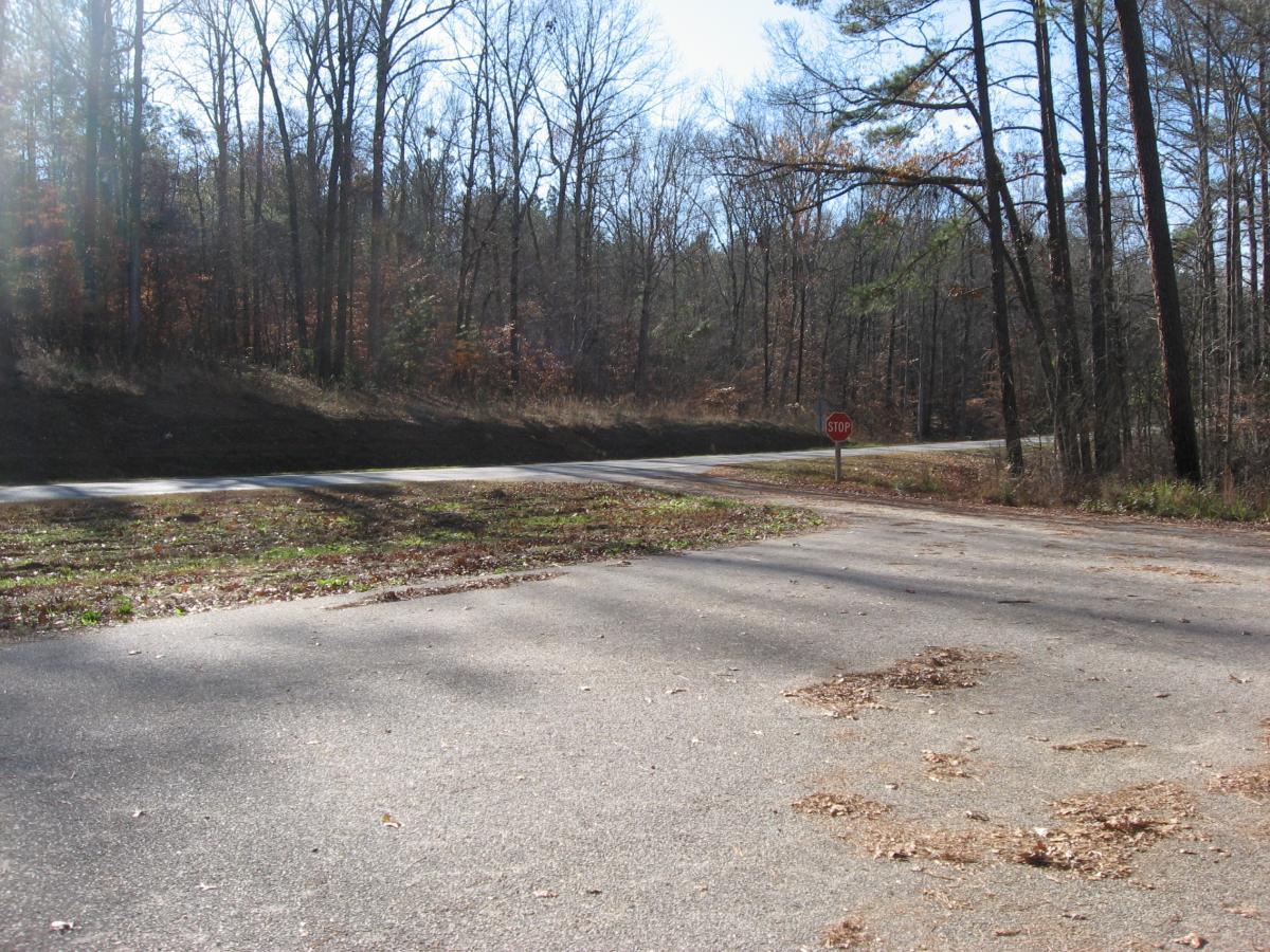 A rural road intersection surrounded by trees, with a visible stop sign on the right side. The ground is partially covered with fallen leaves and grass, indicating a natural setting. Sunlight filters through the trees, casting shadows on the asphalt. Modoc (Stevens Creek Trail) mountain bike trail.