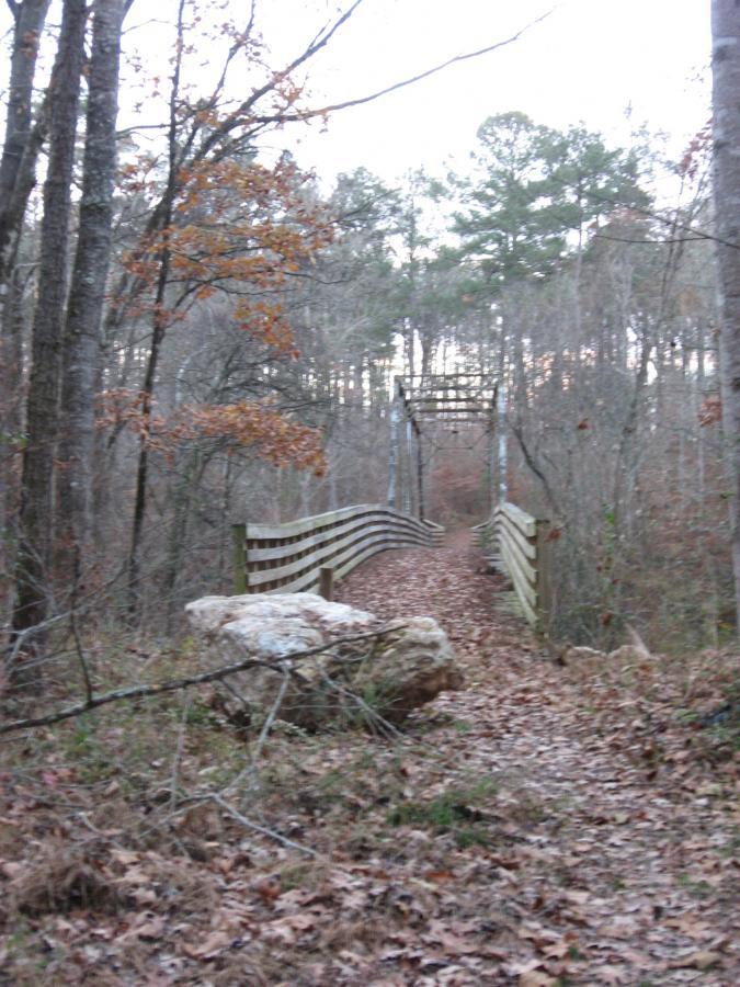 A wooded trail leading to a wooden bridge with a railing, surrounded by trees with sparse autumn foliage. A large rock is visible on the path, and the scene is set in a quiet, natural environment during a cloudy or dimly lit time of day. Turkey Creek mountain bike trail.