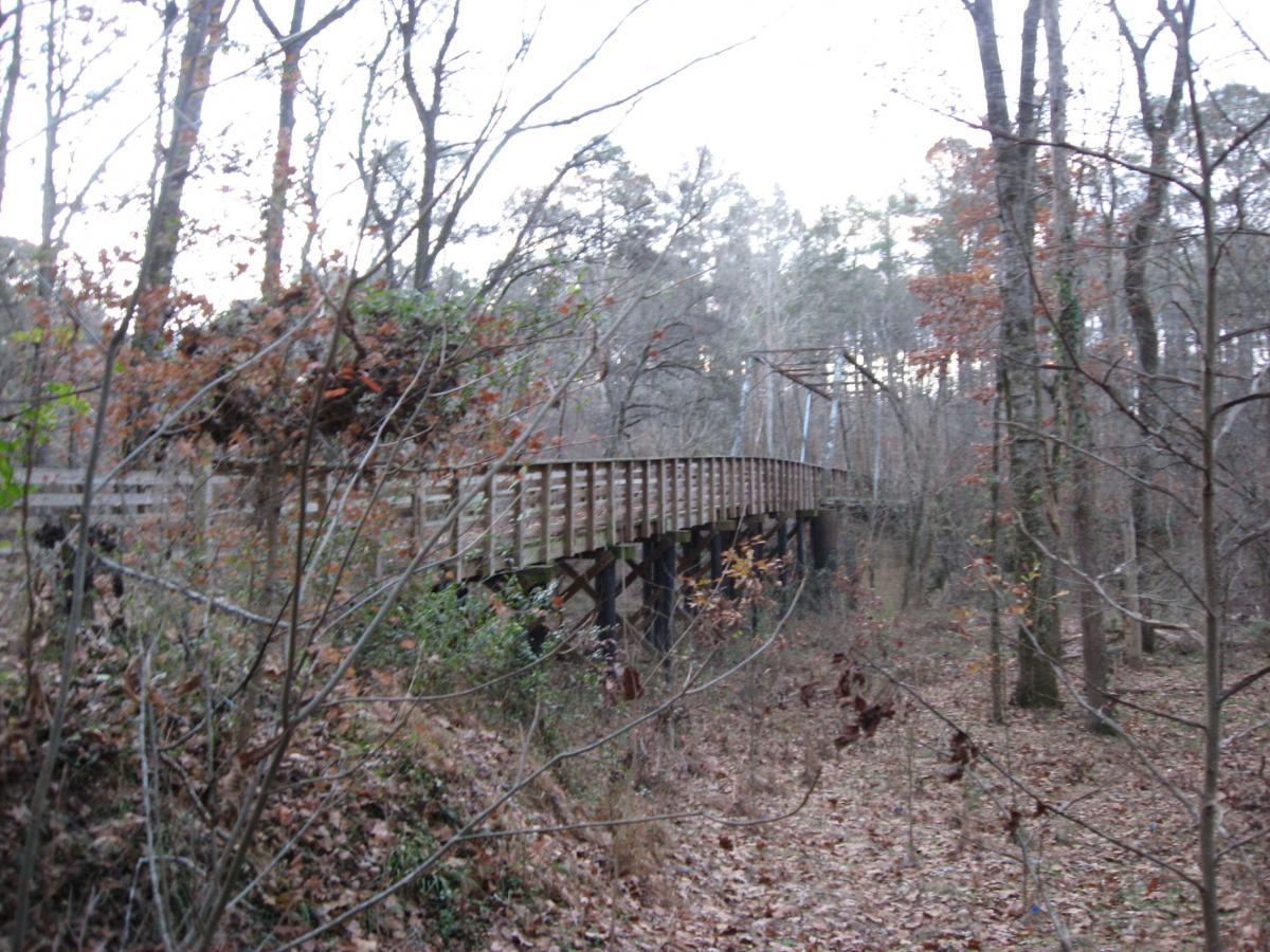 A wooden bridge extending through a wooded area, surrounded by trees and fallen leaves. The scene is serene and natural, with hints of autumn colors on the foliage. Turkey Creek mountain bike trail.