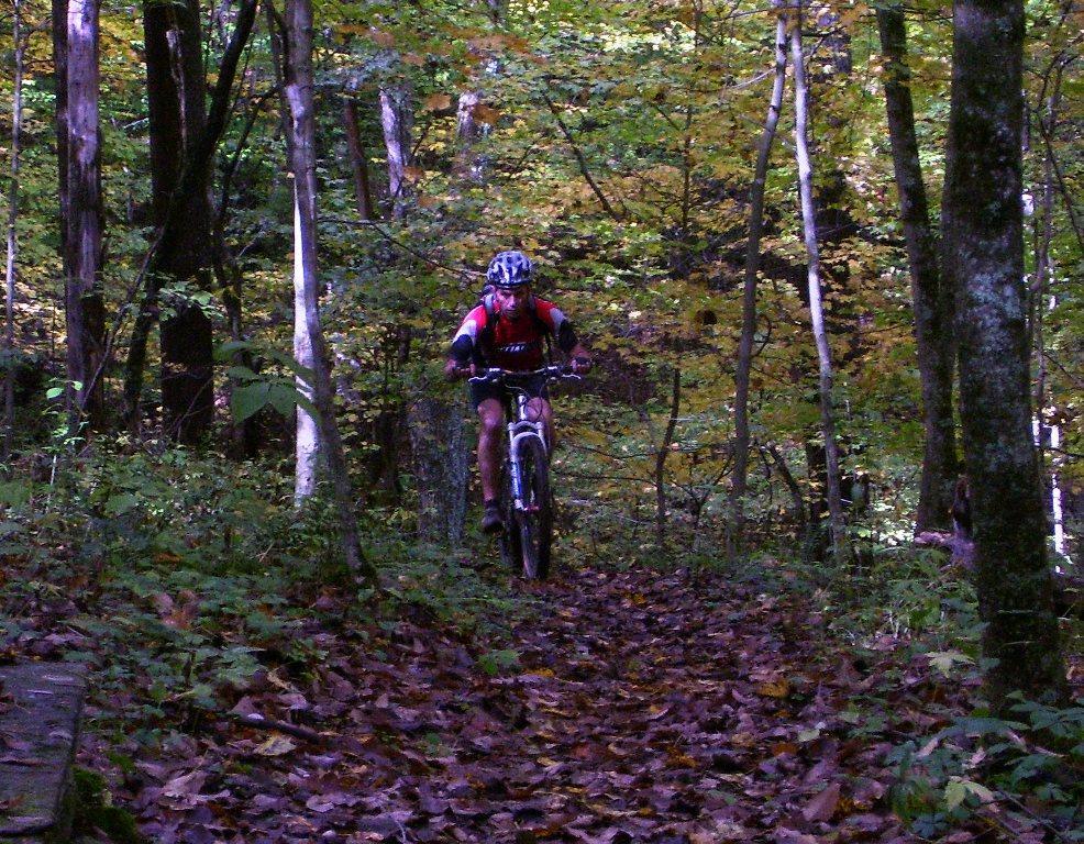 A cyclist riding a mountain bike along a narrow trail in a forest, surrounded by trees with vibrant autumn foliage and a carpet of fallen leaves on the ground. Ohio View Trail mountain bike trail.