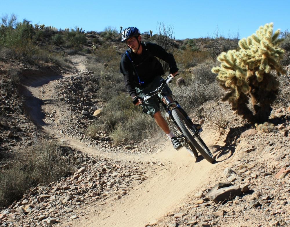 A mountain biker navigating a winding dirt trail surrounded by desert vegetation, including cacti, under a clear blue sky. The rider is wearing a helmet and riding shorts, leaning into a turn while kicking up dust. McDowell Mountain Park mountain bike trail.