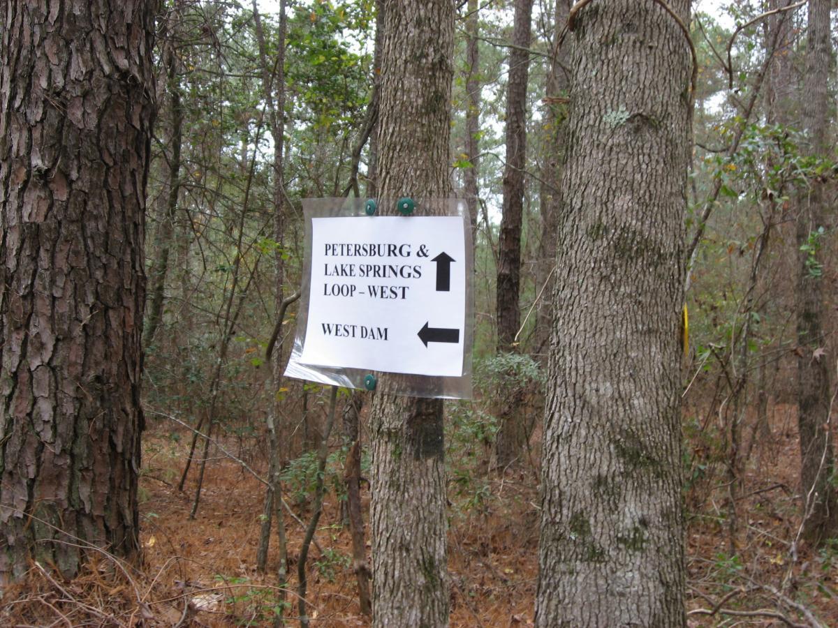 Sign in a forest directing hikers to "Petersburg & Lake Springs Loop - West" with arrows pointing left and right, and an additional indication for "West Dam." Trees and underbrush are visible in the background. Bartram Trail / West Dam / Wildwood Park mountain bike trail.