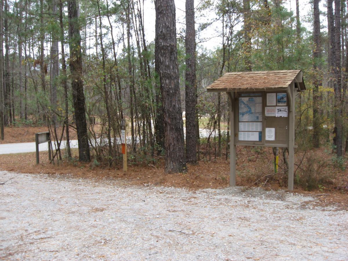 A wooden information kiosk with a shingled roof is situated near a gravel path, surrounded by tall pine trees. The kiosk features a map and various signage, while a faint road can be seen in the background. Pine needles and leaves cover the ground, adding to the natural setting. Bartram Trail / West Dam / Wildwood Park mountain bike trail.