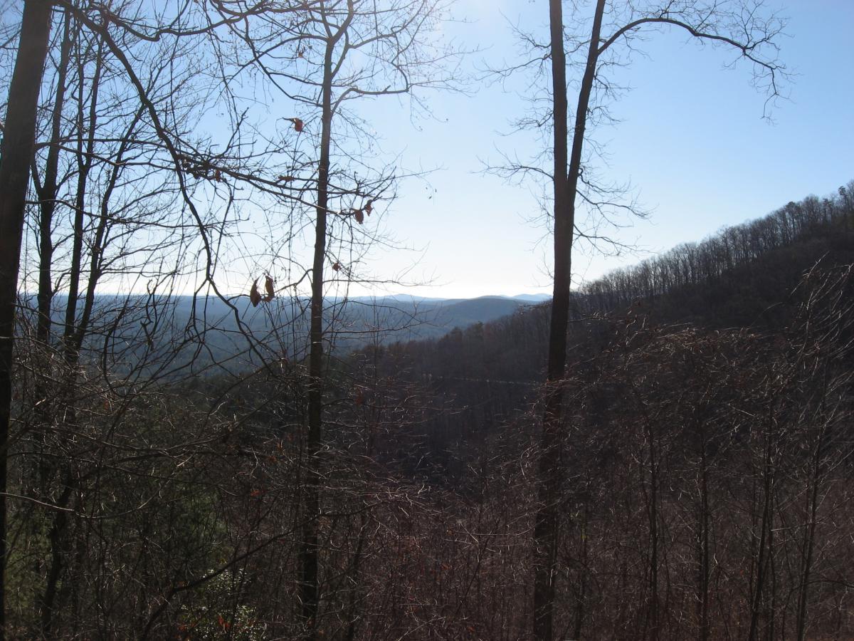 A panoramic view of a mountainous landscape framed by bare trees, with a clear blue sky and distant hills fading into the horizon. The scene captures the tranquility of nature in a winter setting. Winding Stairs Loop mountain bike trail.