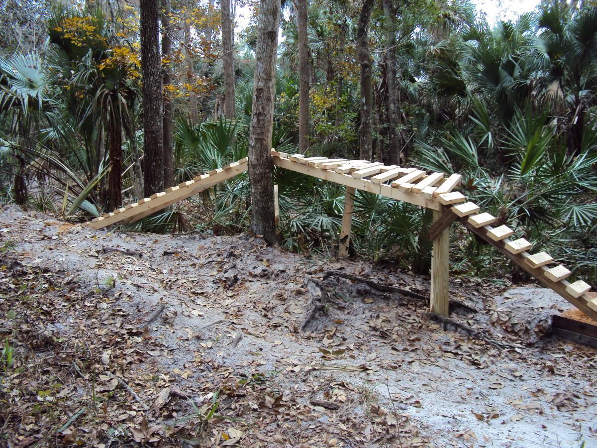 A wooden bridge constructed at an angle over a dirt path in a wooded area, surrounded by lush green plants and fallen leaves. The bridge is supported by wooden posts and features slatted wood decking for traversing. Soldier Creek Park mountain bike trail.