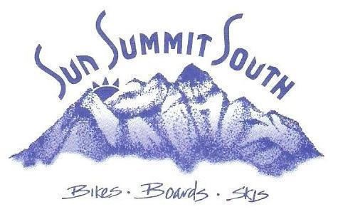 Illustration of a mountain range with the text "Sun Summit South" above and the words "Bikes • Boards • Skis" below. The design features a stylized sun rising behind the peaks, all in shades of blue.