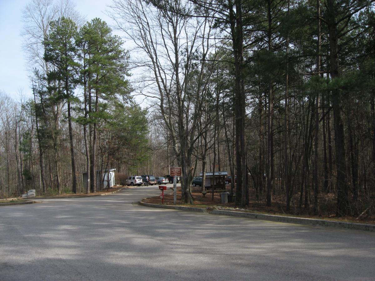 A scenic view of a gravel road intersecting with a parking area surrounded by tall trees. The background features a mix of evergreen and bare deciduous trees, indicating a late winter or early spring setting. Several vehicles are parked in the lot, and a shelter can be seen in the distance, along with a sign indicating park information. Chicopee Woods mountain bike trail.