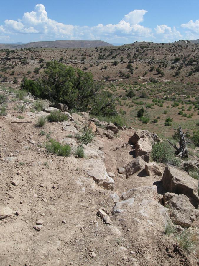 A rocky trail leads down a hillside with sparse vegetation, surrounded by a vast landscape of rolling hills and distant mountains under a partly cloudy blue sky. Trail #8 mountain bike trail.