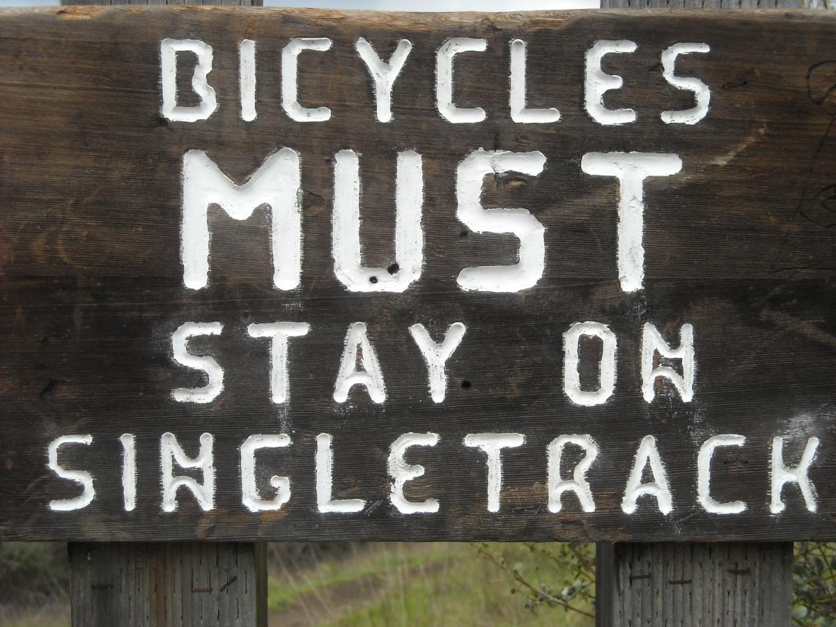 Wooden sign painted with the words "BICYCLES MUST STAY ON SINGLETRACK," with a rustic background. Camp Tamarancho mountain bike trail.