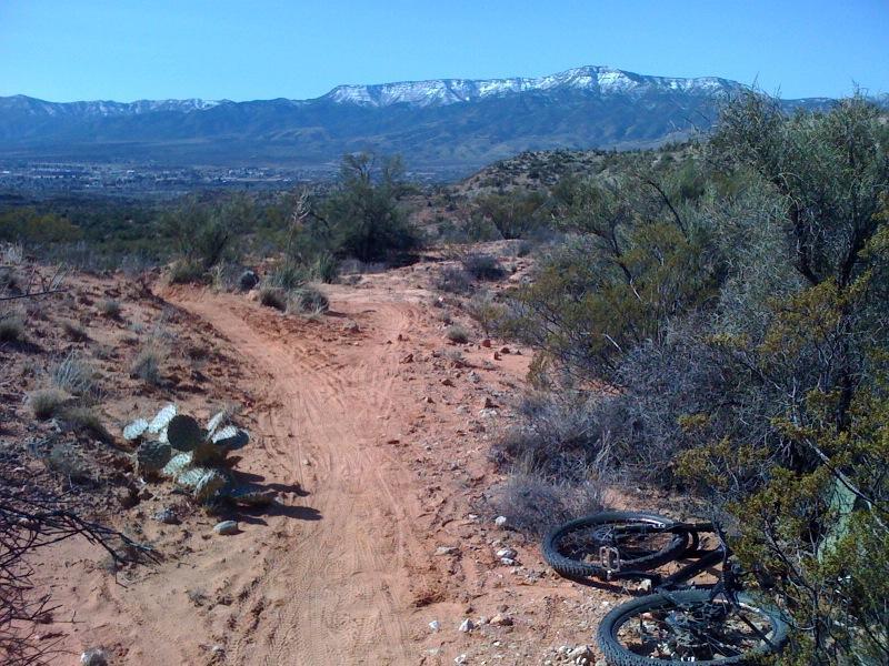 A sandy trail winding through a desert landscape, surrounded by low shrubs and cacti, leading toward distant snow-capped mountains under a clear blue sky. A discarded bicycle lays on its side near the trail. Raptor / Thumper / Kiln Loop mountain bike trail.