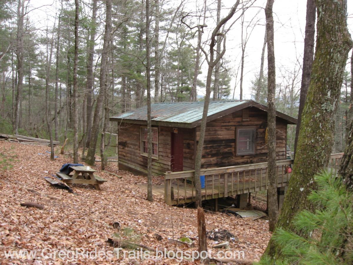A rustic wooden cabin with a metal roof, surrounded by tall trees and a carpet of fallen leaves. A small picnic table sits in front of the cabin on a wooden deck. The scene is tranquil and set in a natural forest environment, hinting at a remote getaway. Bull / Jake Mountain mountain bike trail.