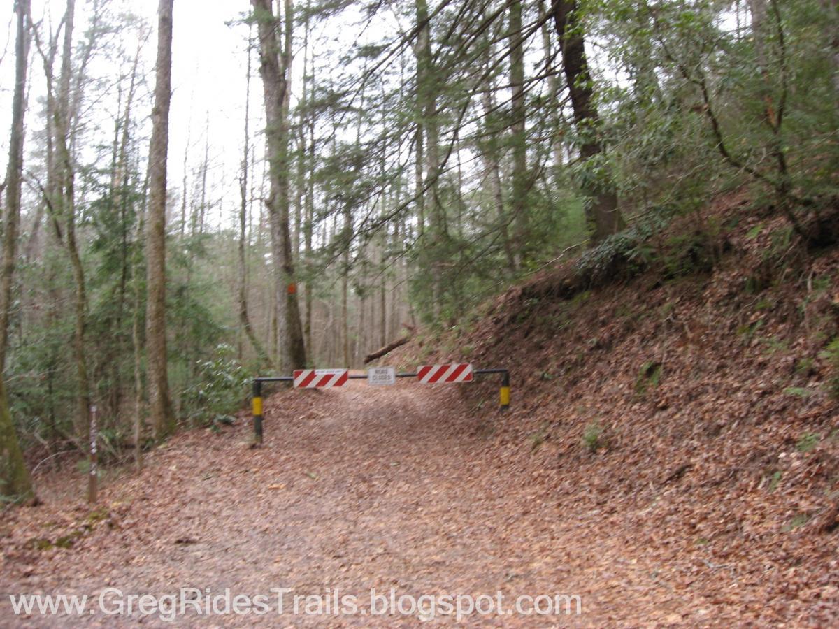 A dirt path through a wooded area is blocked by a gate with red and white markings, surrounded by trees. The ground is covered in brown leaves, indicating a natural setting. Bull / Jake Mountain mountain bike trail.