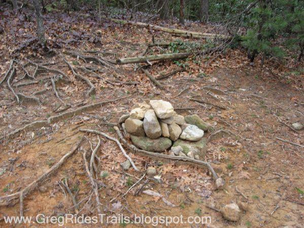 A pile of rocks is arranged in a small clearing surrounded by tree roots and fallen leaves, suggesting a natural setting in a forest. Bull / Jake Mountain mountain bike trail.