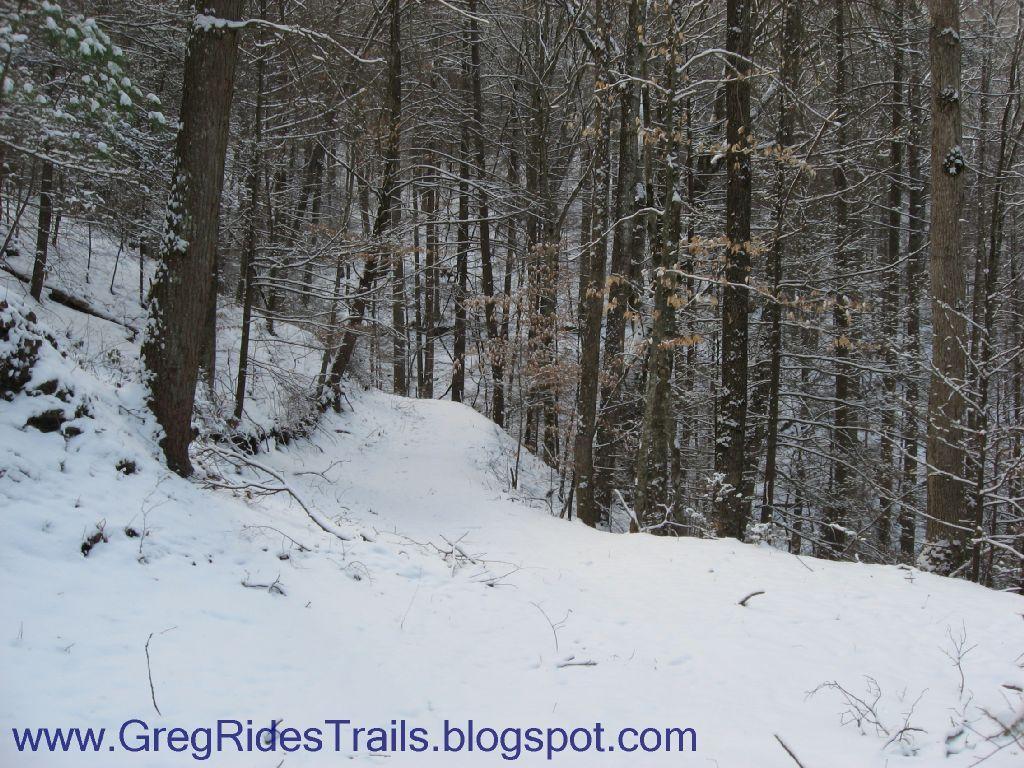 A snow-covered trail winding through a dense forest of bare trees, with a light dusting of snow on the ground and branches. The scene depicts a tranquil winter landscape with a sense of stillness and natural beauty. Fontana Village mountain bike trail.
