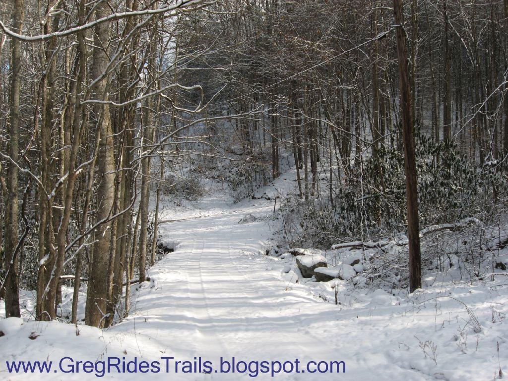 A snowy path winding through a forest, flanked by bare trees and occasional green shrubs. The ground is covered in a blanket of fresh snow, with a few rocks visible along the sides. The scene conveys a serene winter landscape, inviting exploration. Fontana Village mountain bike trail.