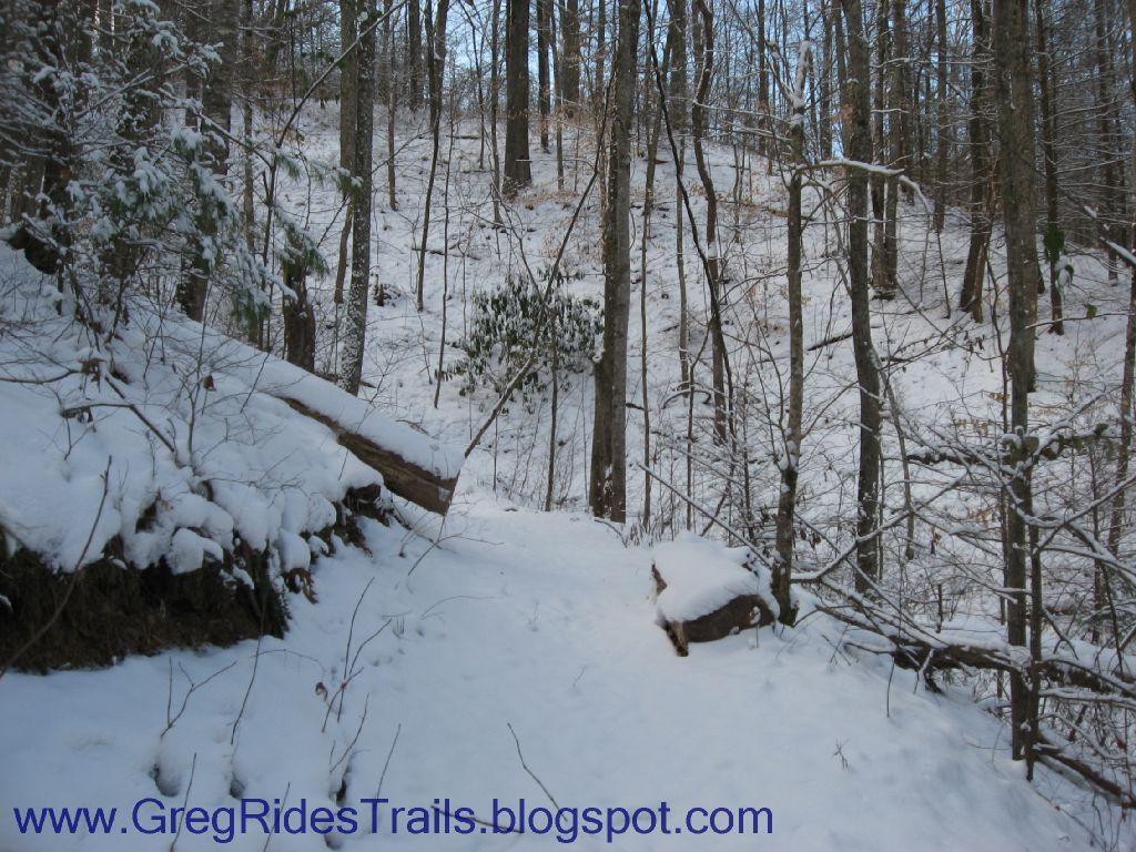 A snow-covered path winding through a forest, surrounded by tall trees with minimal leaves. The ground is blanketed in white snow, and a few small branches and logs are visible along the trail. The scene conveys a peaceful winter landscape. Fontana Village mountain bike trail.