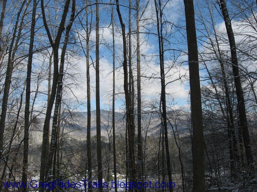 A winter landscape featuring snow-covered trees in a forest, with a view of distant mountains under a blue sky with fluffy white clouds. The scene captures the serene beauty of nature during the winter season. Fontana Village mountain bike trail.