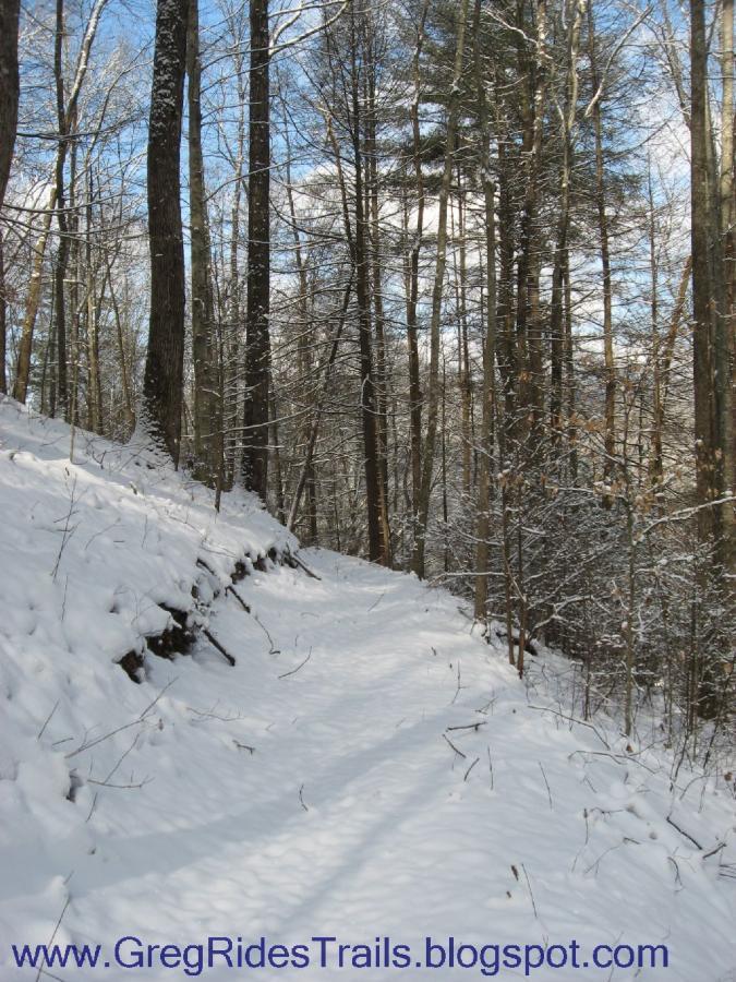 A snowy trail winding through a forest of tall trees, with patches of blue sky peeking through the branches. Fresh snow blankets the ground, creating a serene winter landscape. Fontana Village mountain bike trail.