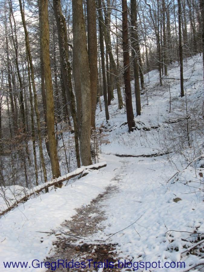 A winding trail covered in snow meanders through a forest of tall trees. The scene captures the serenity of winter, showcasing bare branches and a gentle slope. The path is partially visible, leading through the quiet, snowy landscape. Fontana Village mountain bike trail.