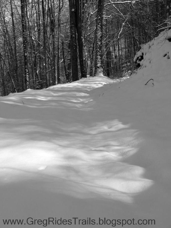 A tranquil winter scene featuring a snow-covered trail winding through a forest. The ground is blanketed in fresh snow, and tall trees line either side of the path, their branches lightly dusted with snow. The image is in black and white, showcasing the contrast between the smooth snow and the textured bark of the trees. Soft shadows are cast across the trail, adding depth to the serene landscape. Fontana Village mountain bike trail.