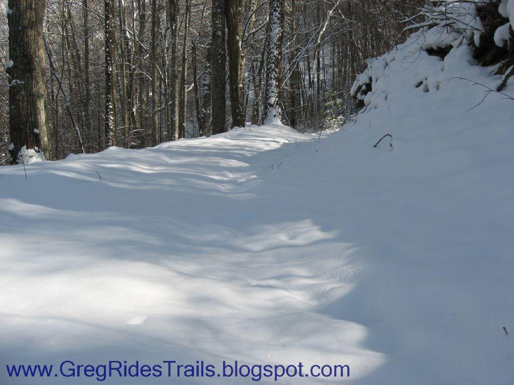 A snow-covered trail winding through a serene forest, with trees lining both sides and a clear blue sky overhead. The landscape is tranquil, showcasing a soft layer of fresh snow and subtle shadows cast by the trees. Fontana Village mountain bike trail.