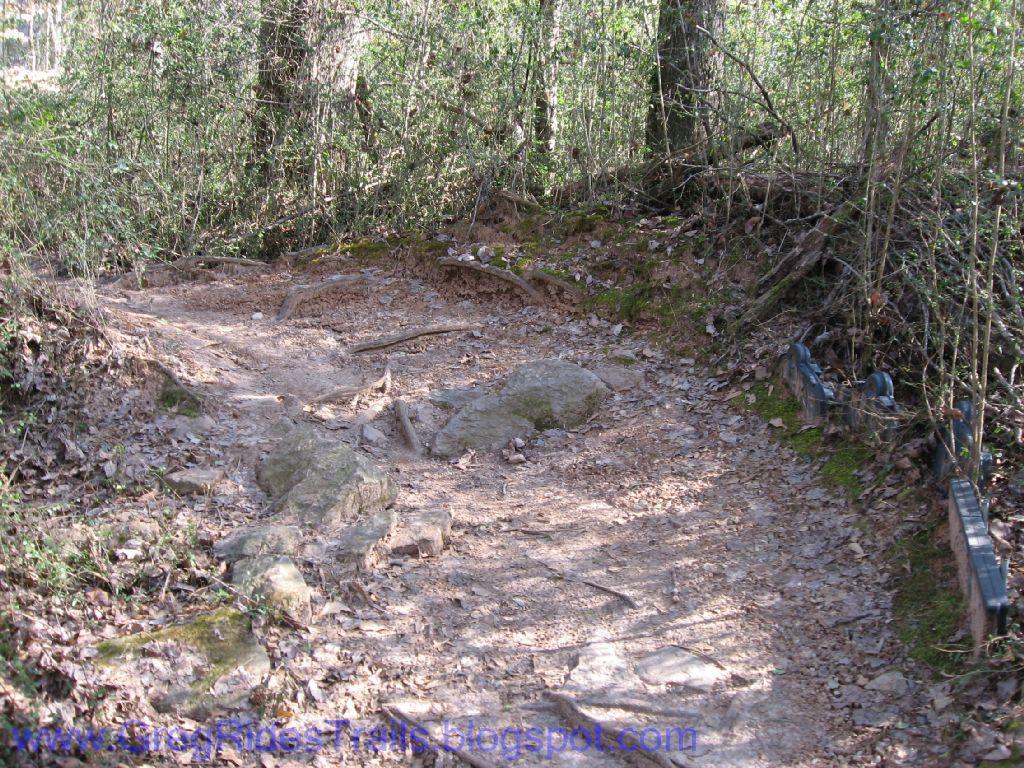 A winding dirt path through a wooded area, featuring scattered rocks and a mix of dry leaves and dirt. The surrounding vegetation includes small trees and brush, indicating a natural hiking trail. Gainesville College mountain bike trail.
