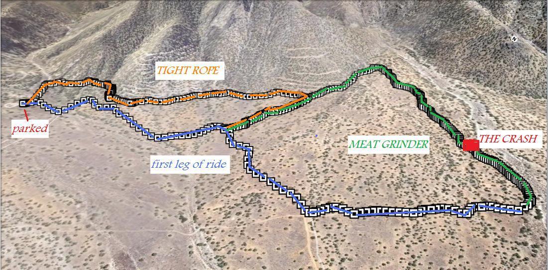 A topographic map showing a series of marked trails in a mountainous area. Key routes are labeled with names such as "TIGHT ROPE," "MEAT GRINDER," and "THE CRASH." The starting point is indicated as "parked," with the first leg of the ride also marked. The map features a variety of trail colors on a rough terrain background, highlighting different paths for exploration. Tight Rope mountain bike trail.