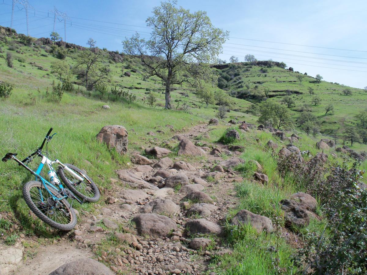 A mountain bike resting on a rocky trail alongside lush green hills and trees under a clear blue sky. Power lines can be seen in the background, stretching across the landscape. Upper Bidwell Park mountain bike trail.