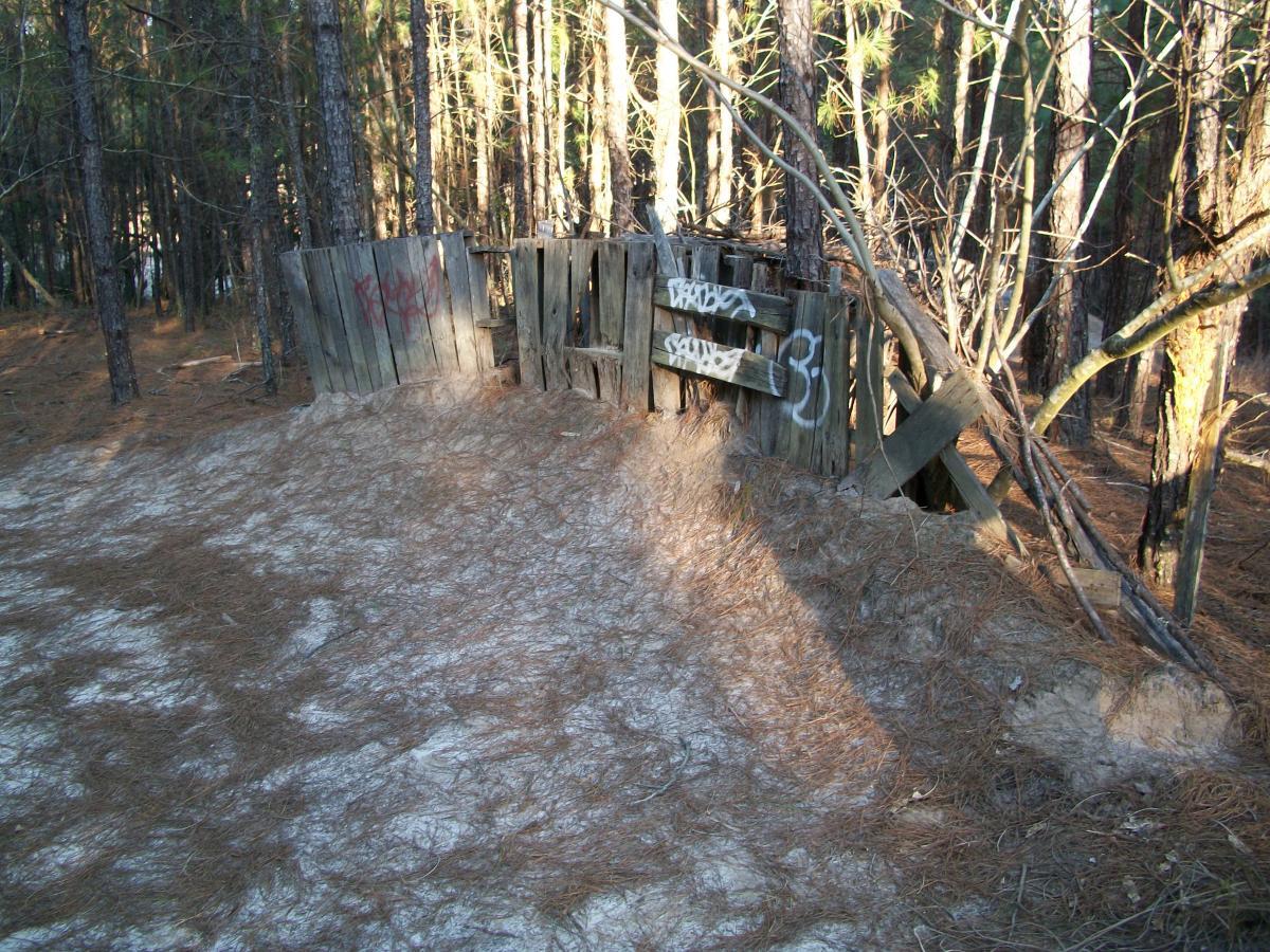 A weathered wooden structure partially hidden among tall trees in a forest, with graffiti on the panels and pine needles covering the ground. The setting conveys a sense of abandonment and decay. Gainesville Dirt Jumps mountain bike trail.