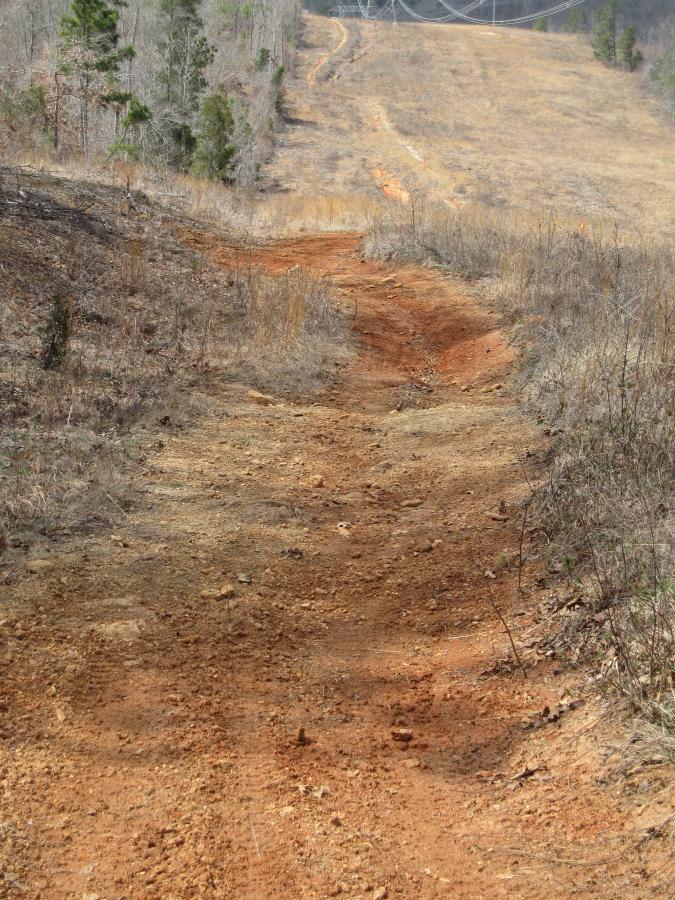 A winding dirt path through a sparse landscape, bordered by thin trees and dry vegetation, leading into a hilly area with power lines visible in the distance. The path shows signs of erosion, with reddish soil exposed along its edges. South Rockdale Community Park mountain bike trail.