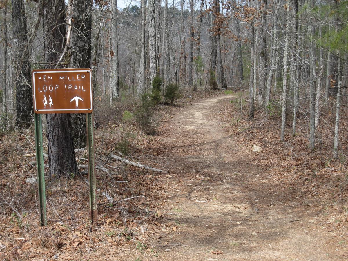 Sign indicating the Ken Miller Loop Trail with a dirt path leading into a wooded area. The sign features hiking symbols and points towards the direction of the trail ahead. Surrounding trees are bare, suggesting a late fall or early spring setting, with scattered leaves on the ground. South Rockdale Community Park mountain bike trail.