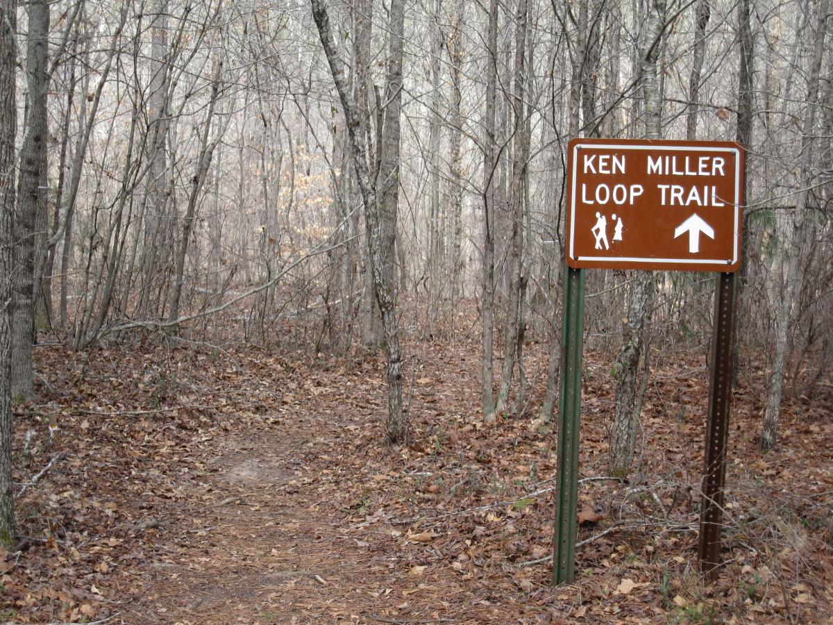 Sign for the Ken Miller Loop Trail on a forest path, surrounded by bare trees and fallen leaves, with an arrow pointing in the direction of the trail. South Rockdale Community Park mountain bike trail.