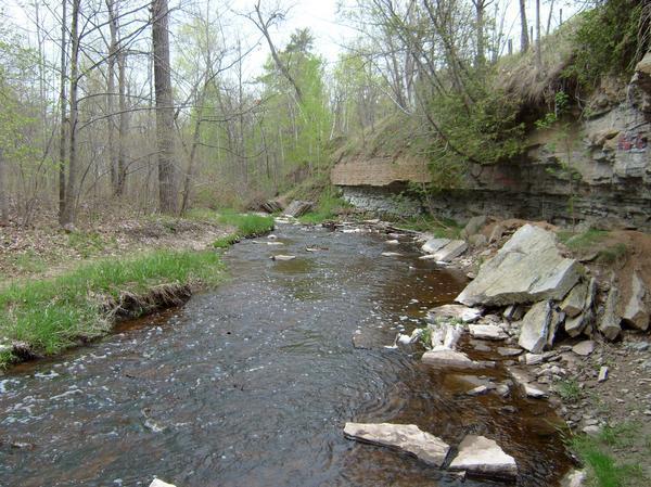 A serene stream flowing through a wooded area, flanked by rocky banks. The scene features green grass and sparse trees, with some foliage starting to bloom, indicating spring. The water is clear, reflecting the natural surroundings, and stones are visible both in the water and along the bank. Baird Creek mountain bike trail.