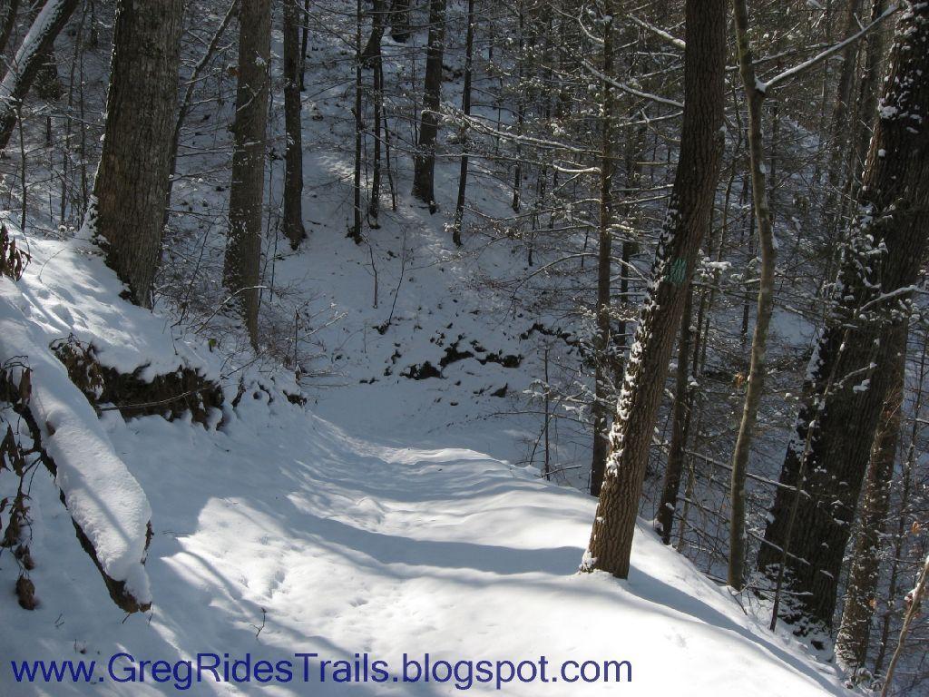 A snowy forest trail winding through tall trees, with a gentle slope leading downwards. The ground is covered in a soft blanket of fresh snow, and some tree branches are lightly dusted with snowflakes. Sunlight filters through the branches, creating a serene winter atmosphere. Fontana Village mountain bike trail.