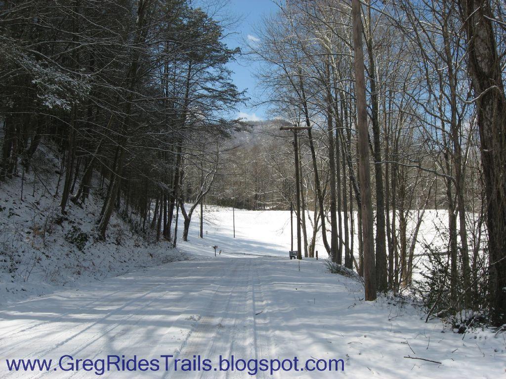A snow-covered rural road lined with bare trees, leading to a distant open field. The sky is clear and bright, suggesting a sunny winter day. A lone dog is visible in the distance, adding to the serene winter landscape. Fontana Village mountain bike trail.