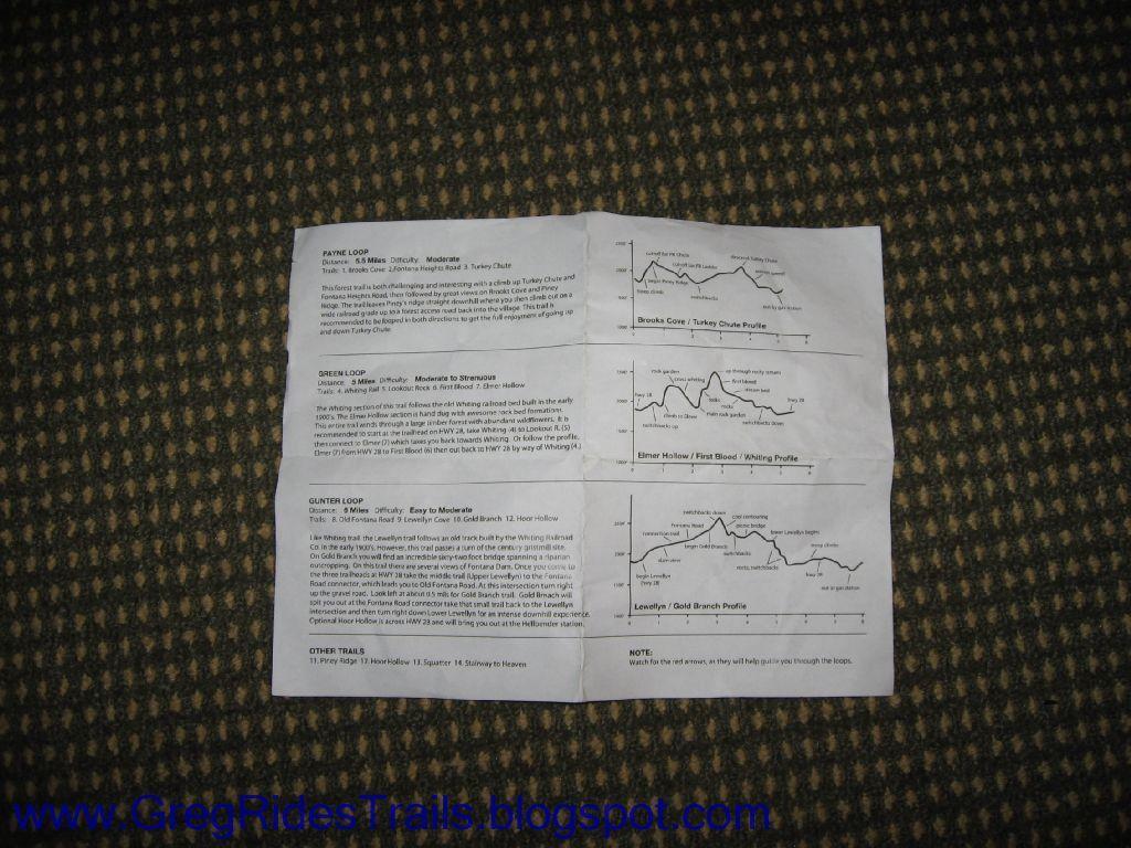A folded brochure displaying trail descriptions and profiles for various hiking loops, including Payne Loop, Green Loop, and Gunter Loop, along with elevation graphs for each trail. The document provides details such as distance, difficulty levels, and notable features of each loop. The text is printed on white paper with a dark patterned background beneath it. Fontana Village mountain bike trail.