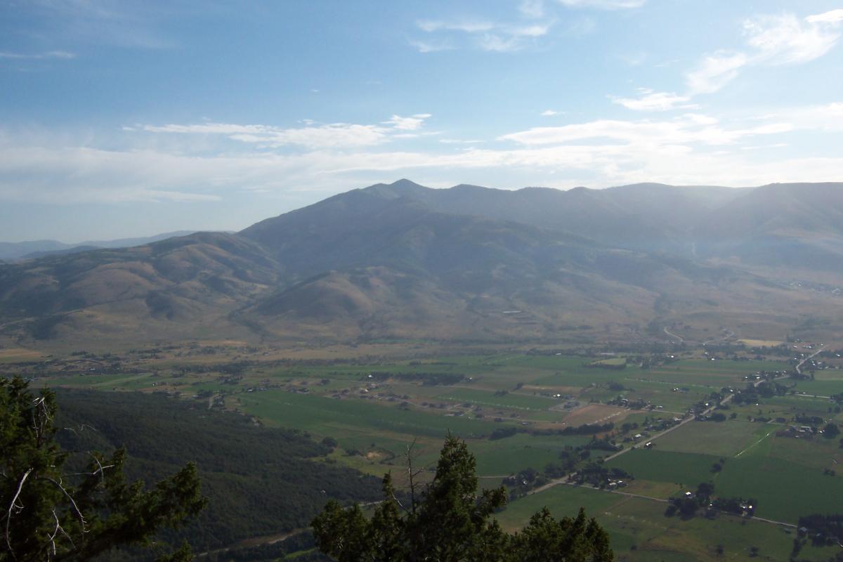 A scenic view of rolling mountains and lush green fields under a clear blue sky, capturing the natural beauty of the landscape. The foreground features trees, while the distant mountains rise majestically, with soft hills leading down to the farmland below. Northern Skyline mountain bike trail.