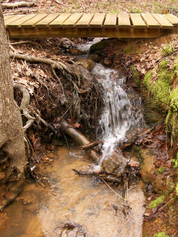 A small stream flows underneath a wooden bridge, surrounded by earthy terrain. The water cascades over rocks and roots, with fallen leaves scattered along the banks. The scene captures a tranquil natural setting. Tyler State Park mountain bike trail.
