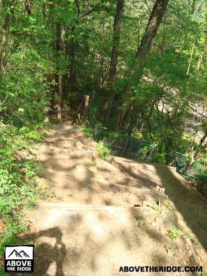 A winding dirt path leading down a forested hillside, surrounded by lush green vegetation and trees. There are wooden steps along the path, with a fence visible in the background. Sunlight filters through the leaves, casting dappled shadows on the ground. Buttermilk mountain bike trail.