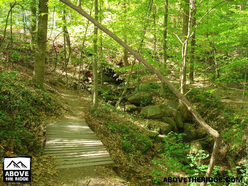 A serene forest scene featuring a wooden footbridge crossing over a small stream, surrounded by lush green foliage and trees. Sunlight filters through the leaves, creating a peaceful atmosphere. Stones and greenery are visible along the water's edge, with a hint of a bike partially visible in the background. The image includes a logo for "Above the Ridge" in the bottom left corner. Buttermilk mountain bike trail.