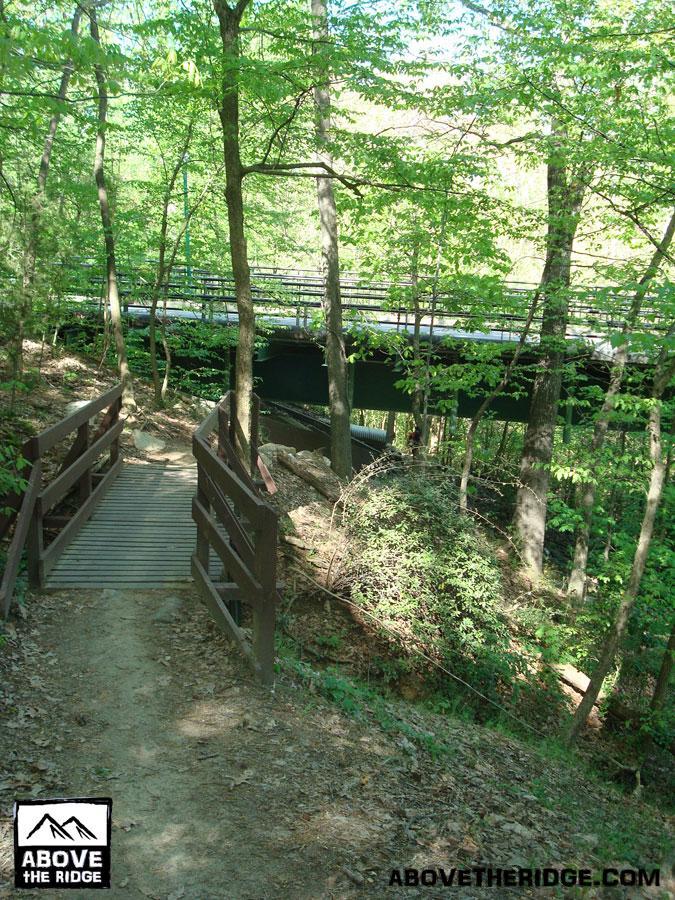 A scenic forest path leading to a wooden bridge, surrounded by lush green trees. In the background, a dark bridge spans over a small ravine. The sunlight filters through the leaves, creating a vibrant and natural atmosphere. Buttermilk mountain bike trail.