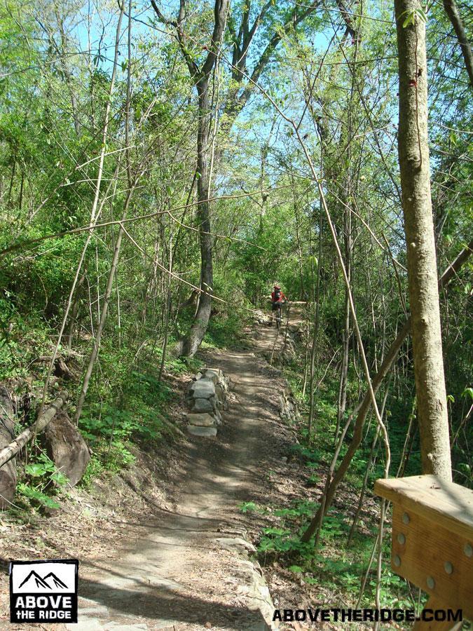 A winding dirt trail through a lush green forest, bordered by tall trees and dense underbrush. In the background, a person on a bicycle can be seen navigating the path. Sunlight filters through the leaves, creating a bright and inviting atmosphere. In the foreground, there is a wooden structure on the right side of the image. Buttermilk mountain bike trail.
