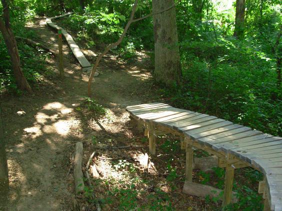 A wooden pathway curves through a lush green forest, surrounded by trees and dense vegetation. The trail is sunny with dappled light filtering through the leaves, leading to a second, narrower wooden bridge. The scene conveys a sense of adventure and natural beauty in an outdoor setting. White Clay Creek mountain bike trail.