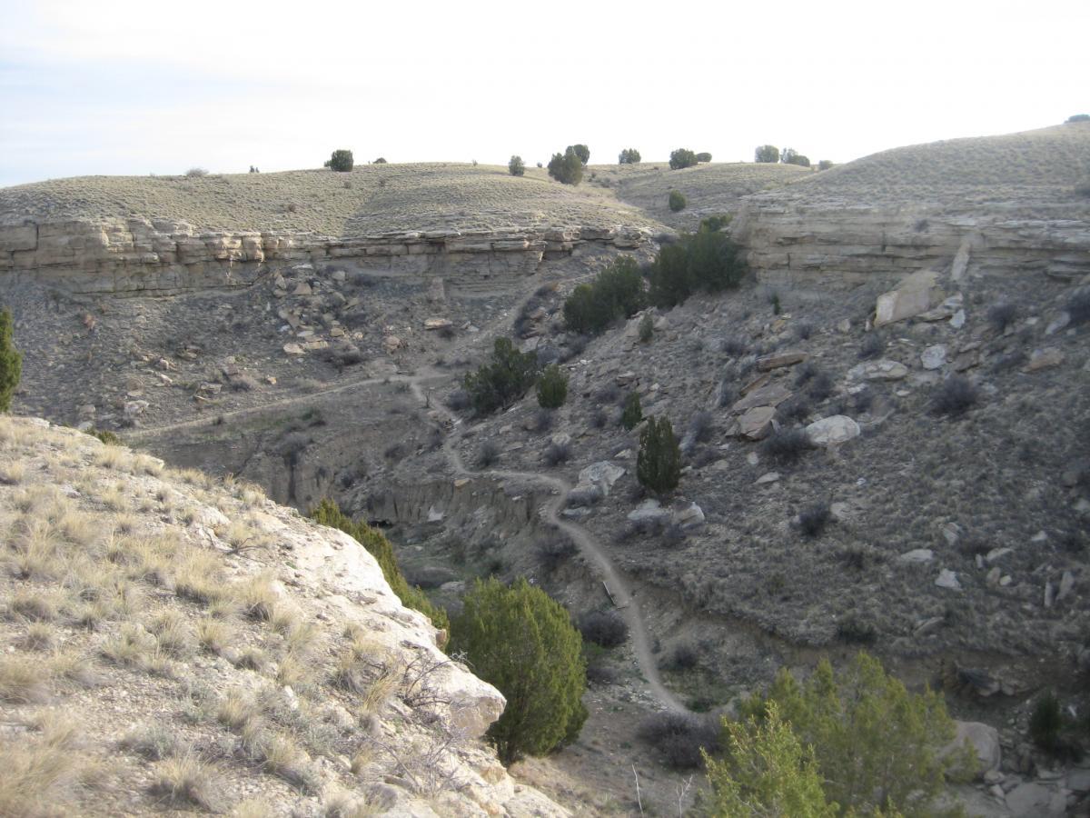 A scenic landscape featuring a rocky canyon surrounded by rolling hills. The foreground shows a rugged cliff edge, while a winding dirt path leads through the canyon below, flanked by sparse vegetation and patches of grass. The sky is bright with soft clouds, creating a serene atmosphere in this natural setting. South Shore Lake Pueblo mountain bike trail.