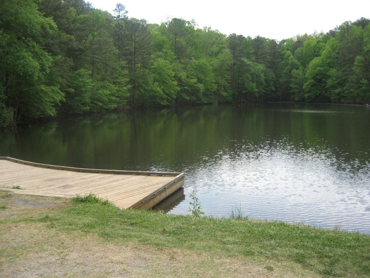 A serene natural scene featuring a calm lake surrounded by lush green trees. In the foreground, a wooden dock extends over the water, reflecting the greenery and sky, creating a peaceful atmosphere. Sope Creek mountain bike trail.