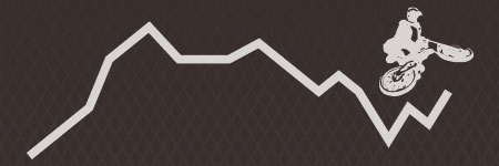 A graphic design featuring a stylized mountain bike rider performing a trick, positioned above a jagged, upward-angled line on a dark textured background. The line represents a path or trajectory, suggesting movement or progress in biking.